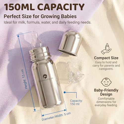 Image of StarAndDaisy Baby Milk Bottle for new Born /Infant /Toddler 150 ML SUS 304 Steel Baby Feeding Bottle for 0+ Months, BPA Free Leakproof Bottle, Anti Colic, Easy to Clean -Silver
