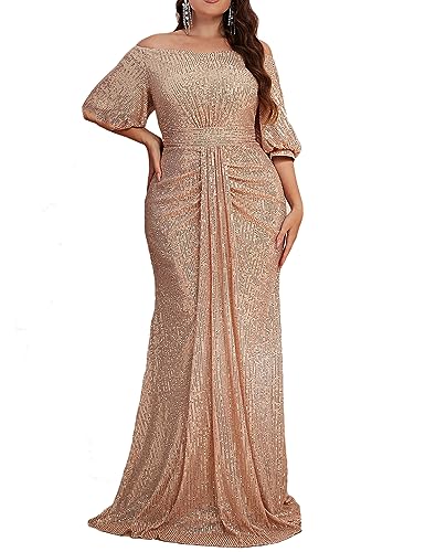 Madam Uniq Women Plus Size Short Sleeve Sequin 1920s Dress Off Shoulder Maxi Formal Cocktail Wedding Party Evening Gown
