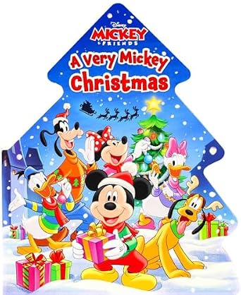 Disney Mickey & Friends: A Very Mickey Christmas, blue book cover in the shape of a Christmas tree, featuring Mickey, Minnie, Pluto, Goofy, Donald, and Daffy in festive purple, red, and orange jumpers.