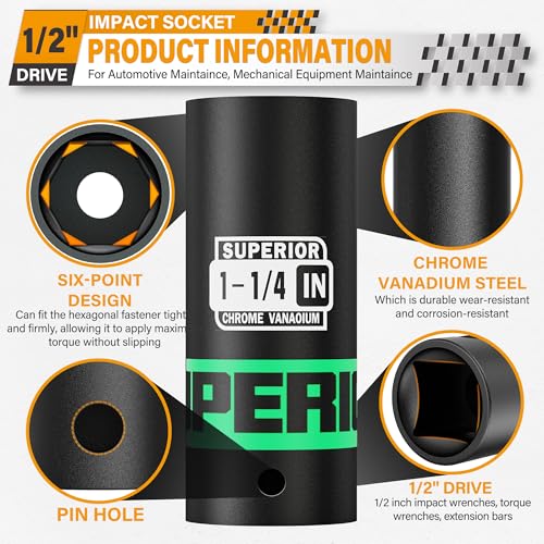 Image of 1 /2 inch Drive Impact Socket, 1-1 /4 inch Deep Socket, SAE, 6 Point, CR-V, for Car Repair, Loosen the Fastening Nut