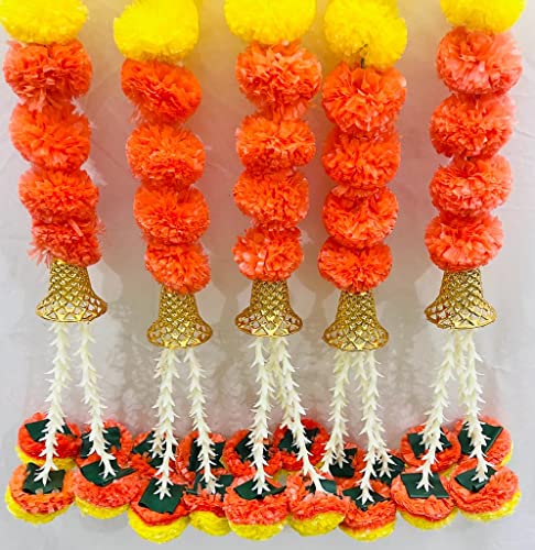 Image of Sphinx Artificial Marigold Fluffy Flowers Garlands for Decoration - Pack of 5 (Orange,Yellow Mix with Bell)