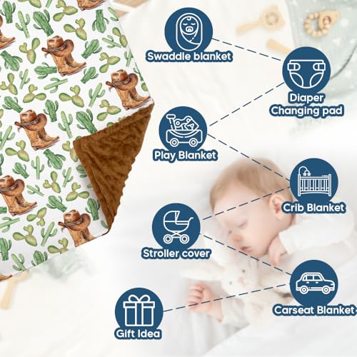 Image of Western Baby Blanket with Cactus, Cowboy Minky Blankets for Boys Girls, Double Layer Dotted Backing, Nursery Room Decor, Soft Warm Lightweight Nursery Bed Blanket for Newborn Toddlers Son Daughter