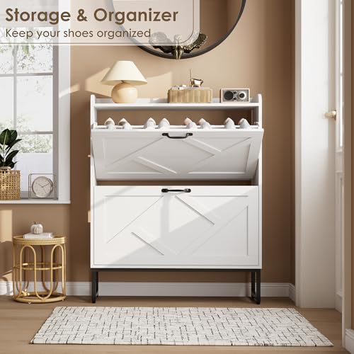 Image of Nicetree Shoe Storage Cabinet with 2 Flip Drawers, Freestanding Shoe Organizer, Shoe Cabinet with Metal Legs, Narrow Shoe Rack Cabinet, Farmhouse Slim Shoe Cabinet for Entryway, Foyer, Hallway, White