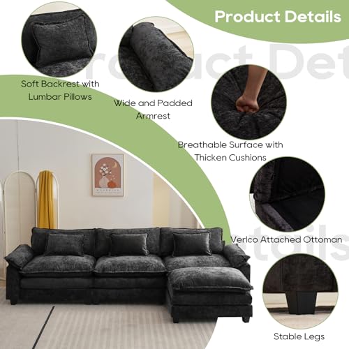 Image of Oprisen 120 inch Modular Sectional Sofa, Comfy Cloud Couch Sectional Sofa with Ottoman, Chenille Sofa Sleeper Deep Seat Sofa with Throw Pillows for Living Room (Black, 120 inch- L Shape)