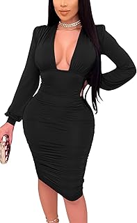 GOBLES Women's Sexy Deep V Neck Long Sleeve Ruched Bodycon Midi Party Dress