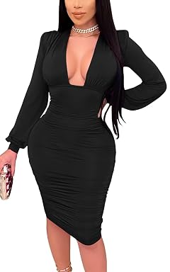 GOBLES Womens Sexy Deep V Neck Long Sleeve Ruched Bodycon Midi Party Dress