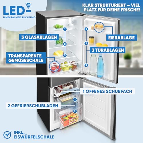 Bomann Kühlschrank mit Gefrierfach | Kühl Gefrierkombination 173L mit 3 Ablagen & 3 Schubladen | Türanschlag wechselbar | leise Kühlgefrierkombi 40db | Kühlschrank KG 7359 schwarz-inox – Bild 3