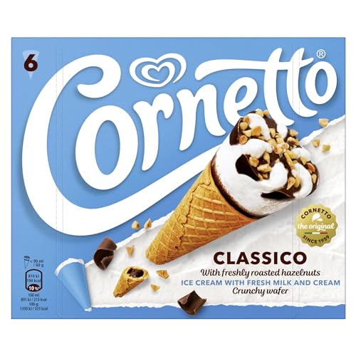 Cornetto Waffeleis Classico cremige Eiscreme mit Haselnüssen und Vanillegeschmack in einer Waffel 6x 90 ml