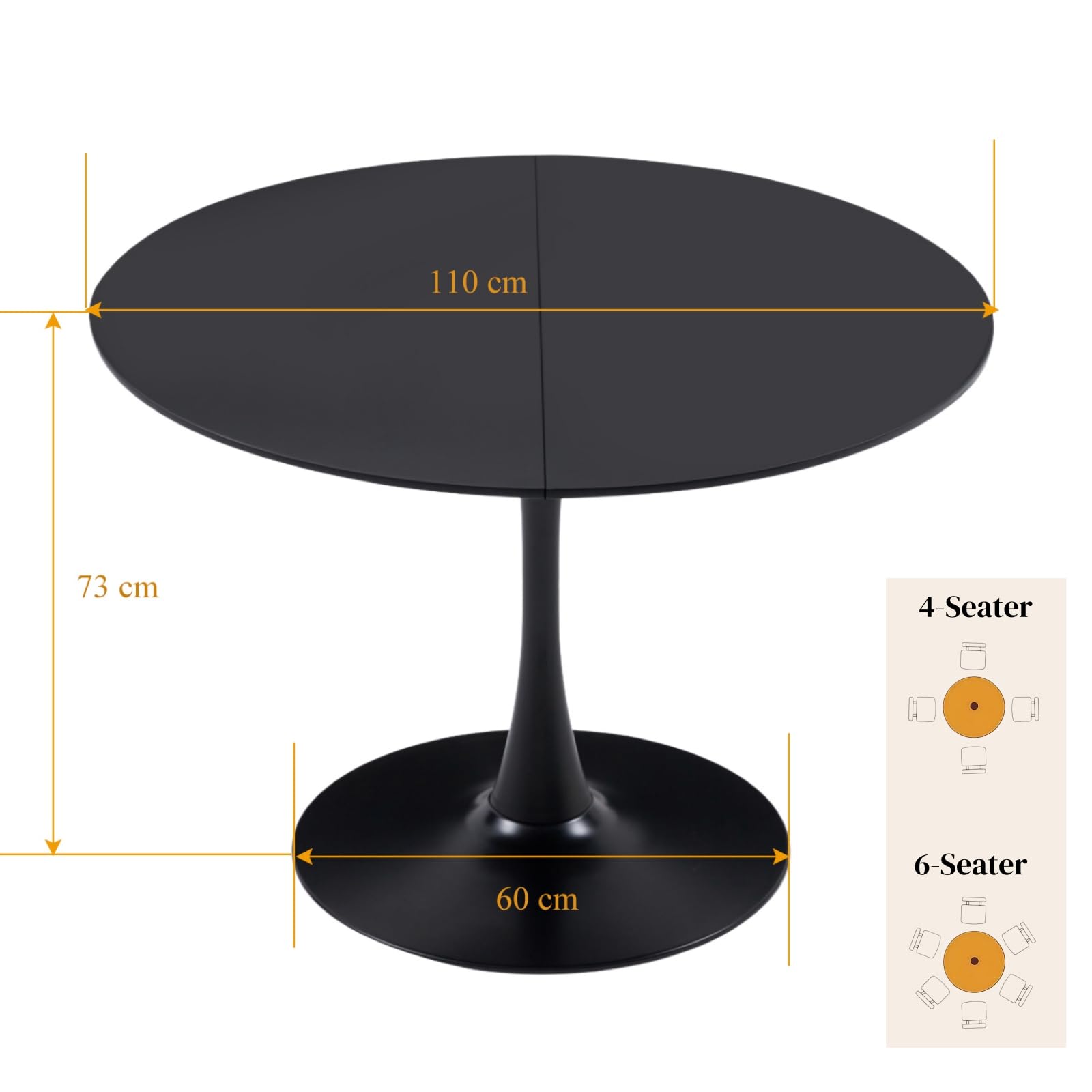 Tavolo da pranzo rotondo nero, 110 cm, tavolo da cucina rotondo per 4-6 persone, stile moderno, base centrale in metallo stabile, per cucina, sala da pranzo, soggiorno, balcone, ufficio, nero