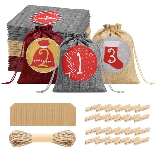 WERFORU 24 woreczki do kalendarza adwentowego, ponumerowane 1-24 – woreczki jutowe 15 x 12 cm – woreczki prezentowe wielokrotnego użytku na słodycze, DIY, ulubione imprezy – w zestawie sznurek jutowy