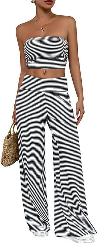 Women's Going out Navel-Baring Short Striped Tube Top Two-Piece Set, Strapless Top and Pants Set Striped Two Piece Set