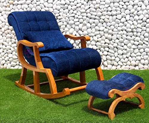 Image of CRAFTCITY Rocking Chair |Sheesham Wood Elegant Rocking Chair with Pillow and Matching Foot Stool and Pre assembeled(Royal Blue)
