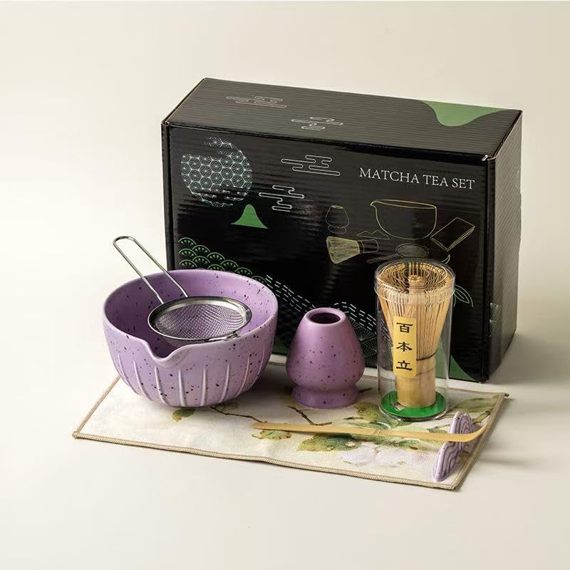 7Pcs Japanese Matcha Tea Set, Matcha Kit with Matcha Bowl (with Pouring Spout), Matcha Whisk, Whisk Holder, Strainer - Elegant Matcha Set for Gifting and Personal Use, Gift Box Packaging (Purple;) - Image 2
