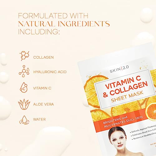 Skin 2.0 Vitamin C And Collagen Sheet Face Mask - Prevents Sun Damage, Reduces Acne, Acne Scars & Wrinkles, Brightening Sheet Mask - Cruelty Free Korean Skincare For All Skin Types - 5 Masks #TOP3