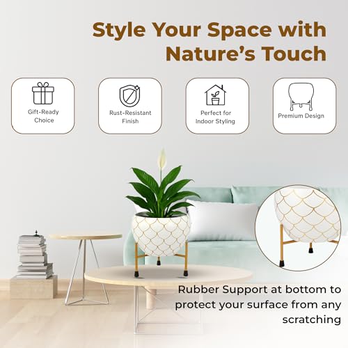 Image of Natural Earth Metal Flower Vase Planter Pot with Iron Stand | Decorative Plant Cachepot for Indoor & Outdoor Use | Succulent Pot for Home & Garden Decor (White Gold Nest)