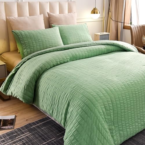 Delien Bed Linen Set 155 x 220 cm 3-Piece Green Microfibre Seersucker Duvet Cover with Stripes, Soft Fluffy