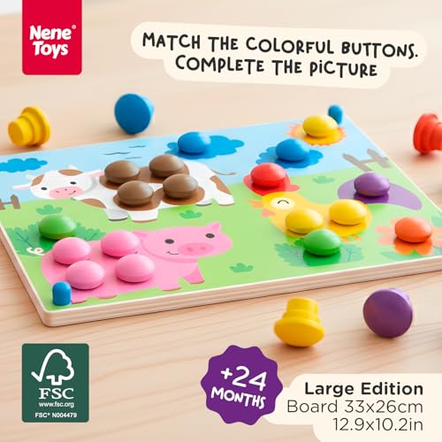 Image of Nene Toys Wooden Color Matching Button Board [Large Edition - 48 Buttons, 8 Colors] - Montessori Pegboard Puzzle for Toddlers 2+ - Fine Motor Skills Toy with 12 Matching Cards for Kids Ages 2 3 4