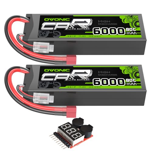 OVONIC 6000mAh 80C 2S 7.4V Lipo Battery Hardcase with Dean-Style T Connector for 1:8 Scale RC Car, RC Airplane, RC Helicopter, RC Boat (2 Pack)(with Lipo Voltage Checker)