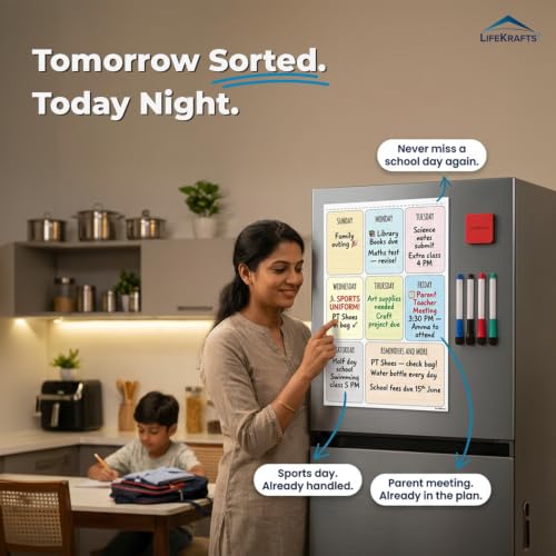 Image of Lifekrafts Magnetic Weekly Planner for Fridge (43x28 cm) | Colorful Dry Erase Chart for Kids & Adults | 4 Markers & 1 Eraser | Family Chores, Routines, Meal Plan, Notes & Reminders