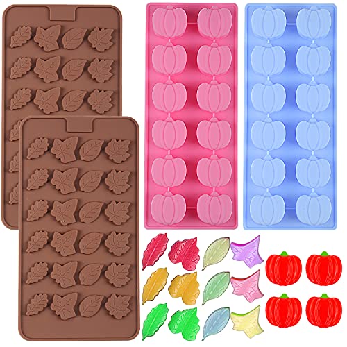 Cute Pumpkin Silicone Mold and Leaf Silicone Molds for Chocolate, 4 Pieces 3D Mini Pumpkin Maple Leaf Shape Fall Silicone Molds for Halloween Thanksgiving Candy Biscuit Cupcake Candle Soap