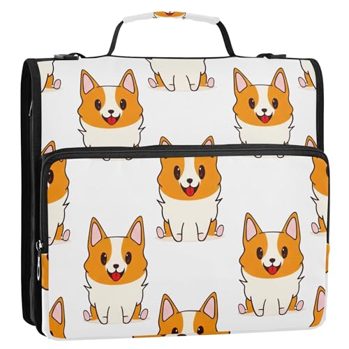 かわいい漫画の犬 ホワイトジッパーバインダーオーガナイザー 1.5インチバインダー 3リング高耐久バインダー ショルダーストラップ付き 学校ポートフォリオ&ケースリングフォルダーホルダー用