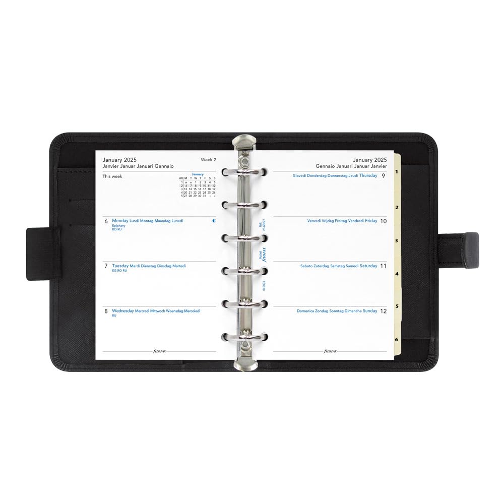 Filofax Agenda settimanale 2025 in saffiano, formato tascabile, colore nero, effetto pelle, 6 anelli, visualizzazione settimanale, multilingue, C022468-25