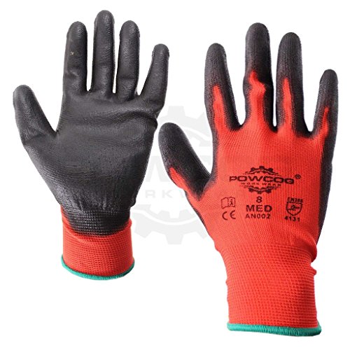 12 Pairs of 'POWCOG' PU Safety Work Gloves PPE | RED & Black | Large | Perfect for Gardening Mechanics Warehouse DIY