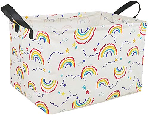 Image of HUAYEE Colorful Rainbow Rectangular Storage Bin Shelf Basket Canvas Fabric Toy Box,Waterproof Coating Nursery Hamper with Handles,Gift Basket for Home,Office,Clothes,Books(Rainbow)