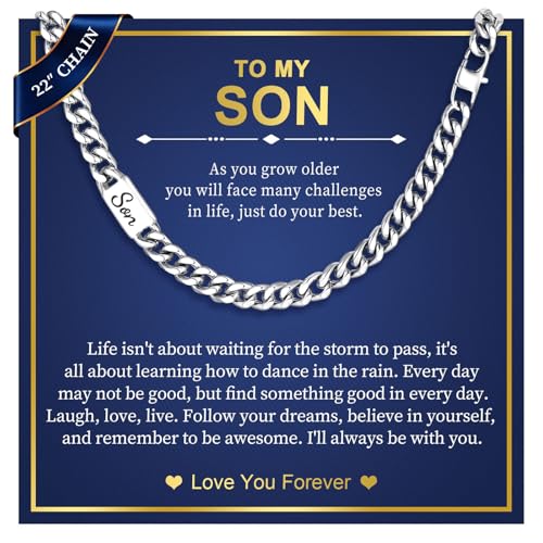 MEALGUET Cuban Link Chain Necklace for Son : to My Son Mens 316L Stainless Steel Silver Love You Forever Engraved Curb Chains Necklaces from Mom Dad Jewelry Gifts for Birthday Christmas Valentines