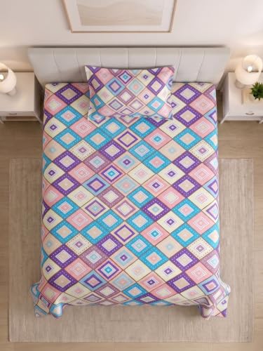 Image of Mafatlal 130 GSM Pearl Contemporary Single Bed Linen Set with 1 Pillow Cover | 60 x 90 Inch | Elegant Printed Design | Color Lock Fabric, Comfortable Sleep, Durable & Easy Wash | Geometric Multi