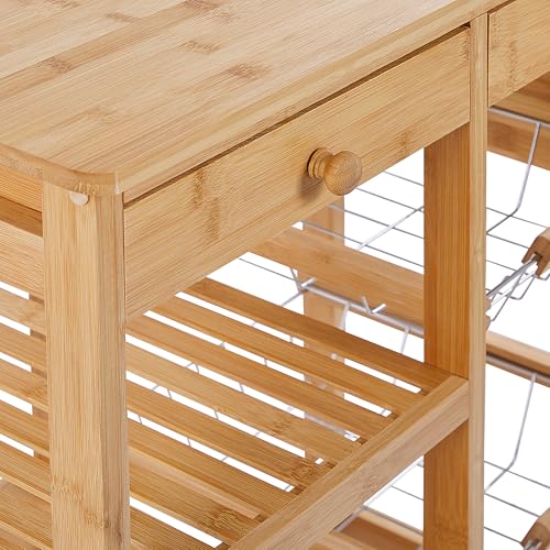 Carrello Da Cucina In Bambù In Legno Chiaro Con Ruote Portabottiglie Carrello Sala Da Pranzo Mobile - 6