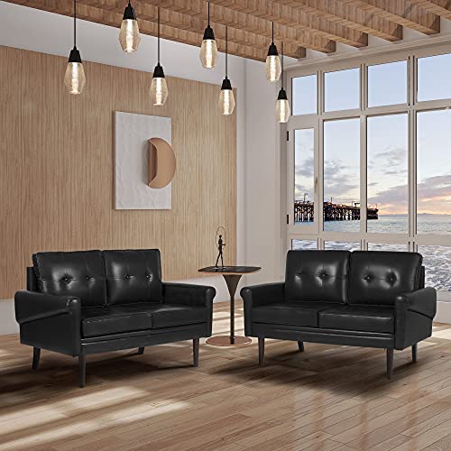 FUQARHY Faux Leather Upholstered Modern Loveseat Sofa for Living Room, 50.2 inch Mid Century Love Seats Furniture Sofas w Round Arms, Button 2 Seater Couch for Small Space, Apartment, Dorm (2, Black)