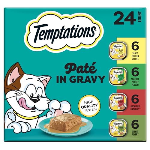 Temptations Pate in Gravy Adult Wet Cat Food Tasty Chicken Entree Seafood Medley Backyard Cookout and Catnip Fever 3.5 oz. Trays (24 Count Pack of 1)