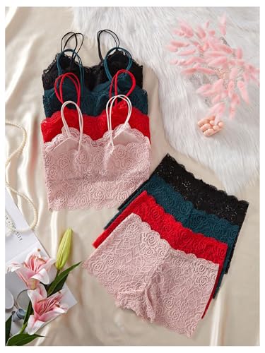 Image of Verdusa Women's Lingerie Sets 6 Piece Lace Bow Floral Underwear Bras Wireless Padded Bra and Panty Set