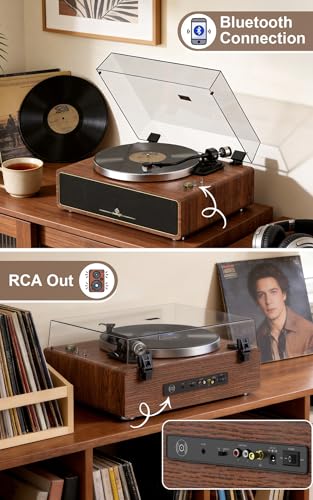 Image of Turntable Record Player with Built-in Speakers, Vinyl Record Player Support Bluetooth Playback Auto Stop 33&45 RPM Speed RCA Line Out AUX in All-in-one Belt-Drive Turntable for Vinyl Records