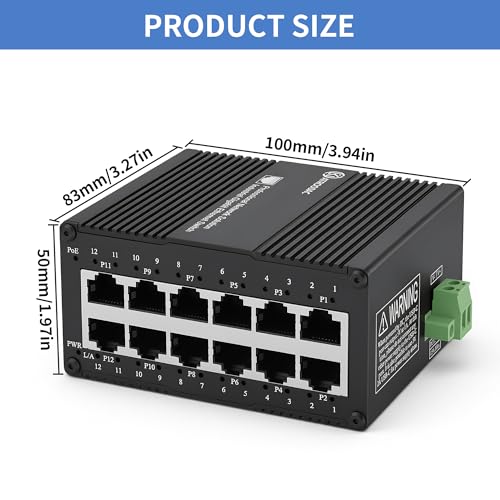 Image of Industrial 12 Port Gigabit PoE Switch, DC 12-48V to 48V PoE Boost | 12 PoE+ Ports, Total 360W, Unmanaged Network Switch, DIN Rail or Wall Mount Ethernet Switch, IP40 for IP PTZ Camera Solar RV