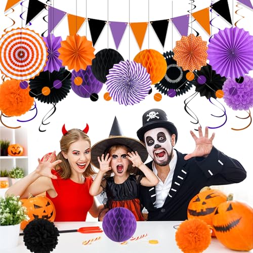 Image of 26 Pcs Halloween Party Decorations Kit, Paper Fans Pom Poms Banner 8-16 in | Orange purple black fans, pom poms, honeycomb balls, banner, swirls for Halloween birthday, indoor outdoor party decor