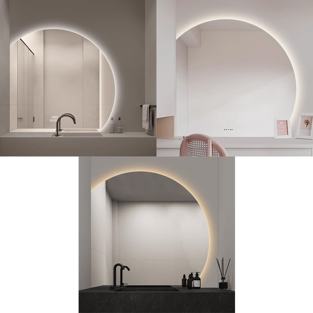 40in/100 CM Led Espejo de Vanidad, Sin Marco Espejo de Baño de Pared 3 Color Regulable, Semicircular Espejo Inteligente Antivaho con Botón Táctil per Dormitorio, Maquillaje(Left Under Cut,70c