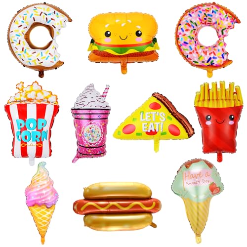 10 Pièces Donut Kit D'Aluminium Ballons, Ballon Helium en Forme de Pizza Donut Popcorn Hot Dog Gelato, Hambourg Foil Balloons Set, pour Decoration Anniversaire Fille Garcon Bapteme