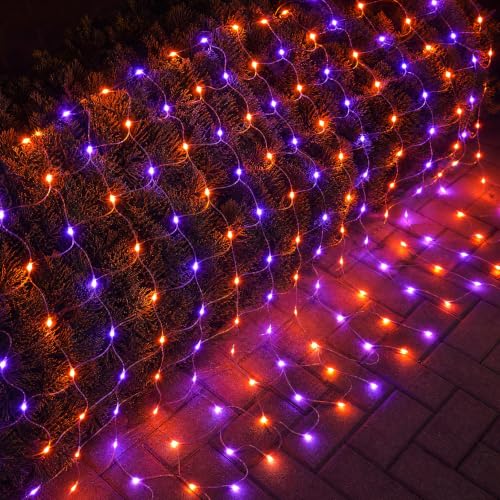 Image of Dazzle Bright Halloween 360 LED Net Lights, 12FT x 5FT Connectable Waterproof String Lights Clear Wire with 8 Modes, Halloween Decorations for Indoor Outdoor Party Yard Garden Decor, Purple & Orange