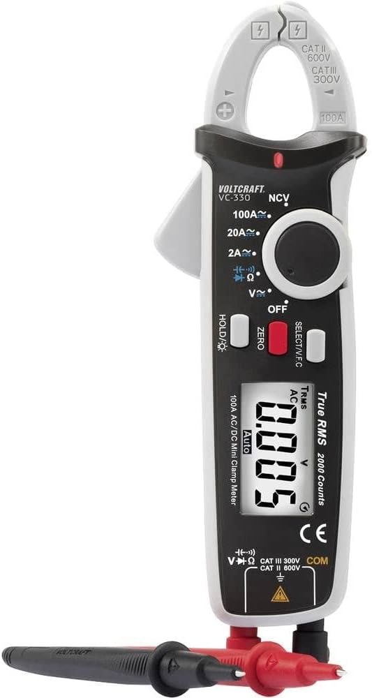 Current Clamp Meter VC330; CAT II 600 V, CAT III 300 V, 2000 Counts, Compact and Robust, AC/DC Current Reading, Multimeter Functions, True RMS Readings, Resistance Reading