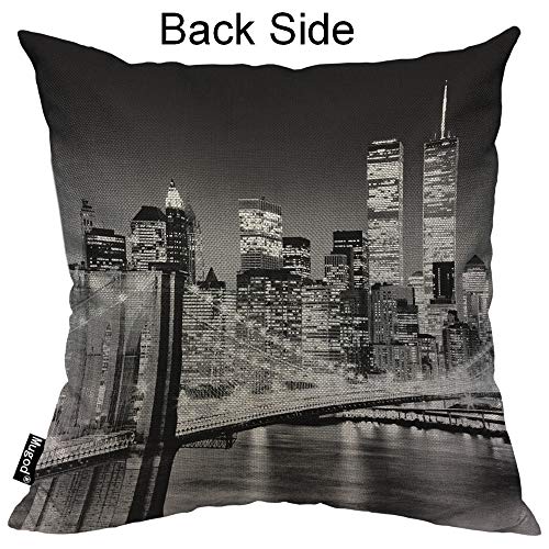Mugod City Throw Pillow Case New York City Night Landscape Rise Building Bridge Black White Cotton Linen Cushion Cover For Men Women Sofa Armchair Bedroom Livingroom 18X18 Inch #TOP1