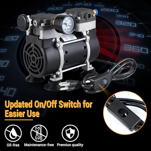 Precipette 903140296 Vacuum Pump 50L/Min With Switch, Oilless Diaphragm With Vacuum Meter & Silencer, 6M Ptfe Tape & 2M Rubber Tube, Low Noise & High Vacuum Degree, For Lab Electronics Aquarium thumb #1