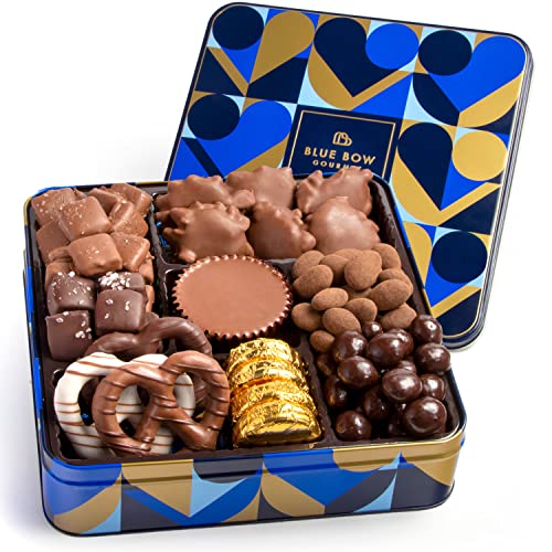 Blue Bow Gourmet Artisanal Chocolate Assortment Gift Tin for Easter,