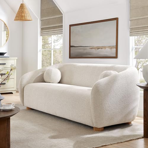 Image of Modway Holland 85 Inch Minimalist Curved Back Sofa in Dove Gray - Chenille Fabric Sofa with Ball Throw Pillows and Wood Feet - Modern 3-Seater Couch for Living Room