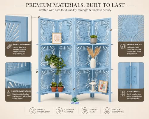 Image of Wooden Room Divider Partition with Display Shelves for Living Room | Foldable 4 Panel Decorative Privacy Screen Separator for Home, Office & Bedroom | (Sky Blue)