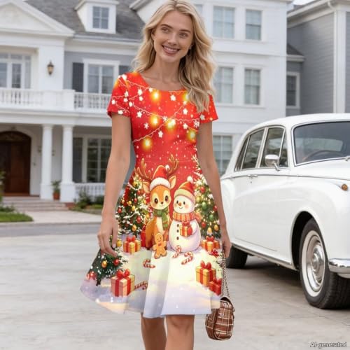 Image of AFPANQZ Womens Casual Summer Lightweight Vintage Dress Short Sleeve Midi Dress Knee-Long Luxury Formal Dress