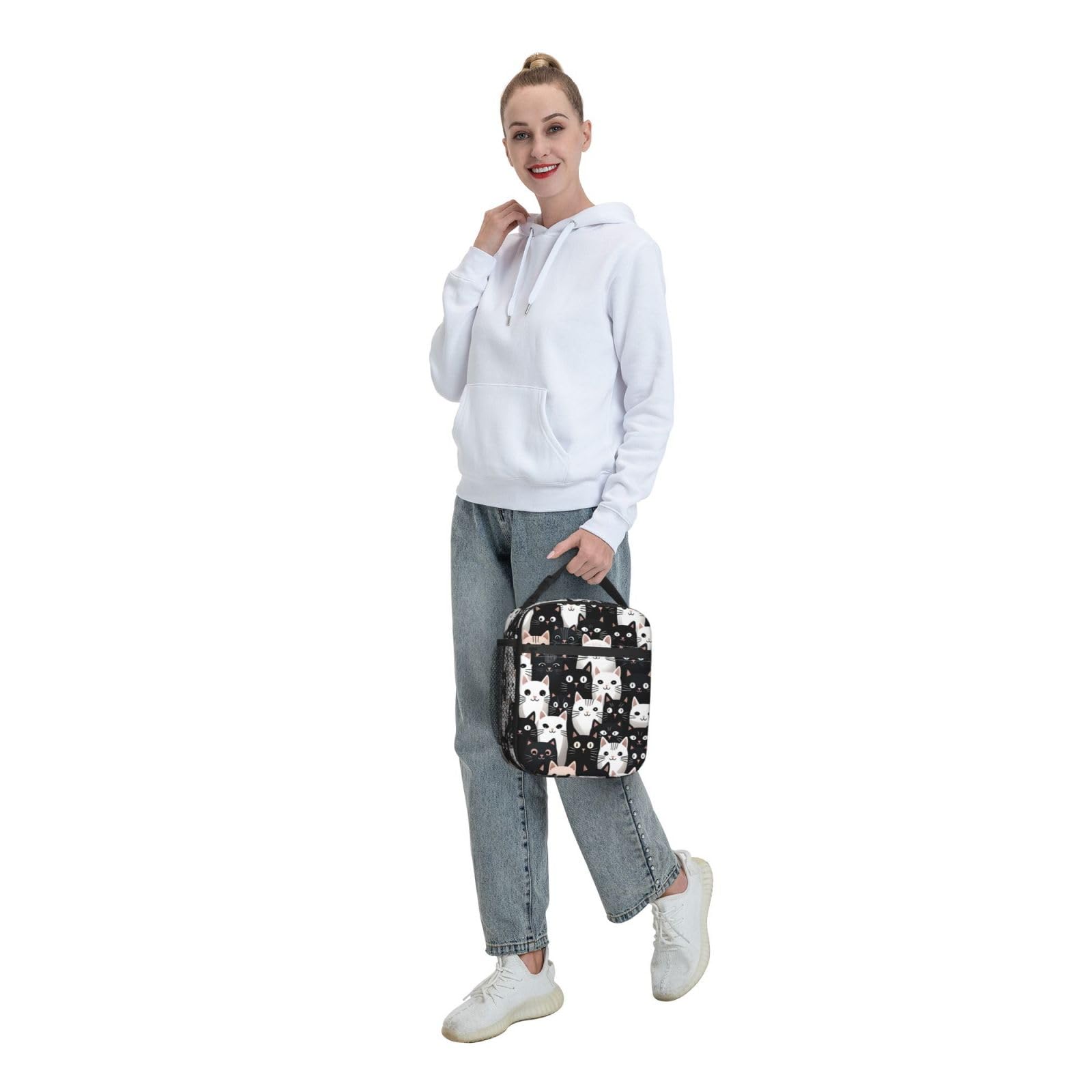 Mexpekil Borsa termica per il pranzo con gatto nero e bianco per donne e uomini, borsa termica portatile da picnic con tasca laterale in rete per adulti Lunchbox per lavoro