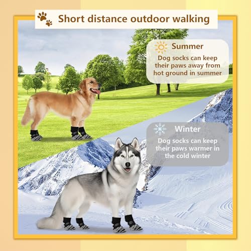 OYIWINMI 4 Stück Pfotenschutz Hund Robuste Anti,Schützende Hundesocken,Anti-Slip Dog Paw Protector Bottom Rubber Sole Dog Boots with Adjustable Straps for Indoor Outdoor Wear (L)