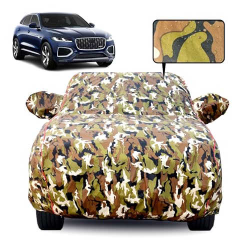 Image of Waterproof Car Body Cover for Jaguar F-Pace with Mirror Pocket, Soft Cotton Lining, Triple Stitched, Full Bottom Elastic (Heat Resistant Jungle Print with Red Piping)